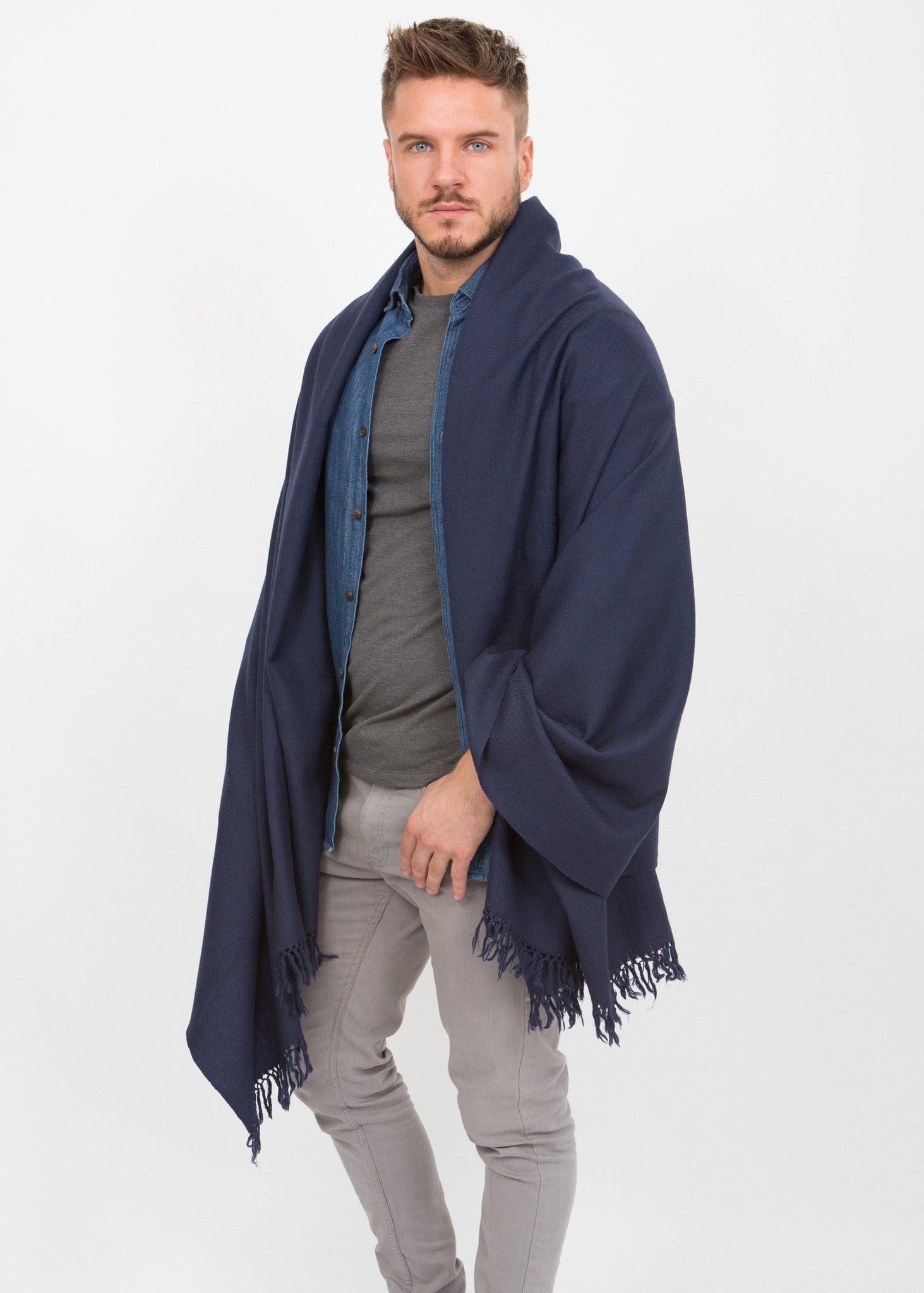 Twill Weave Merino Handwoven Oversize Scarf Navy - likemary